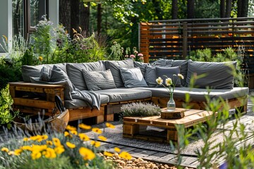 Cozy Outdoor Lounge Area Surrounded by Lush Greenery and Colorful Flowers
