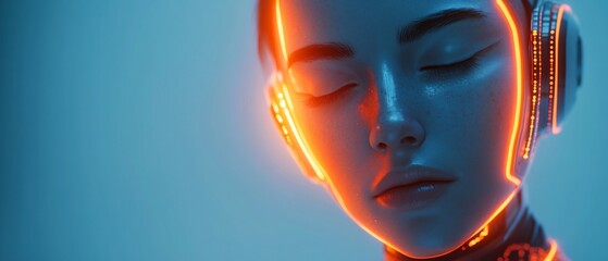 The face of a Minimalist Futuristic AI Avatar with Abstract Features and Glowing Curves on gradient Background