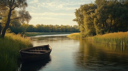 Not a wide river with grass on the banks and a boat
