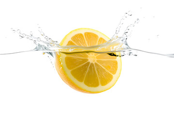 A vibrant yellow lemon splashing into clear water, creating dynamic droplets and ripples. The background is white, emphasizing the freshness of the lemon.