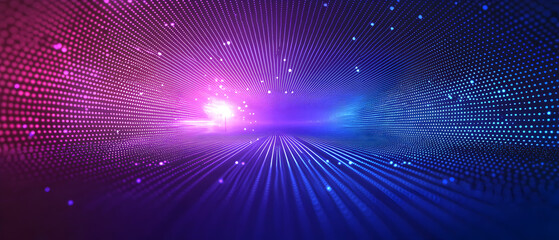 A vector illustration of a technology background, flat color gradient from deep blue to electric purple, dots and lines arranged in a web-like structure, perspective view with lines converging 