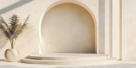 Obraz premium Minimalist Archway Product Display: A clean and contemporary product display with a curved archway, a circular platform, and soft, natural light. Perfect for showcasing your products .