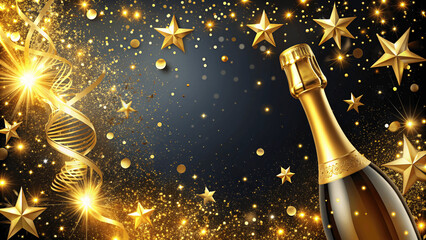 Celebration background with golden champagne bottle, confetti stars and party streamers. Christmas, birthday or wedding postcard design