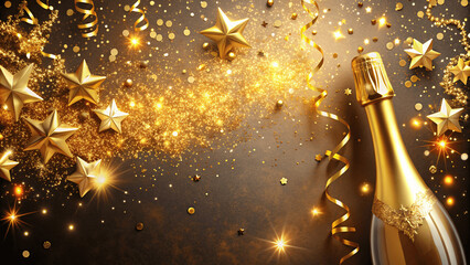 Celebration background with golden champagne bottle, confetti stars and party streamers. Christmas, birthday or wedding postcard design