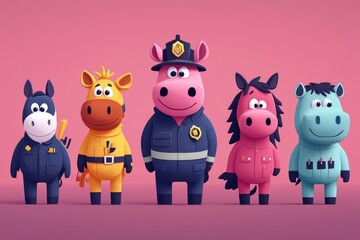 Naklejka premium Five Cartoon Animals Wearing Uniforms