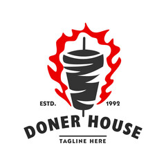 Doner Kebab or shawarma emblem. Restaurant, grill bar, barbecue symbol. Cuisine food, skewer or rotating spit with grilled meat. 