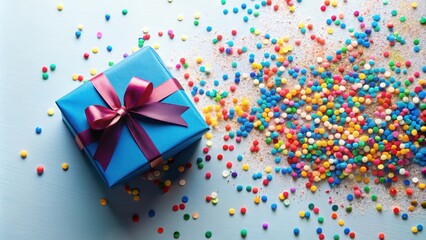 Obraz premium Colorful celebration with a blue gift box and confetti, festive, occasions, birthdays, holidays, special events, party