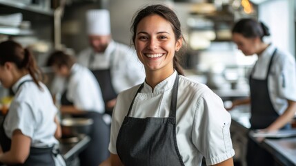 Fototapeta premium A smiling female chef standing in a busy professional kitchen.