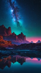 Modern futuristic fantasy night landscape with abstract islands and night sky with space galaxies. Multicolor neon glow. Reflection of light in water, stars. Empty scene, landscape. Ai generated image