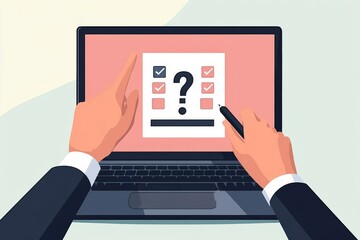 'A businessman points to an option on a multiple-choice question displayed on a laptop screen, with a thoughtful expression on his face.'