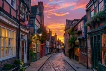 Fototapeta premium Charming Cobblestone Street at Sunset in a Historic Town