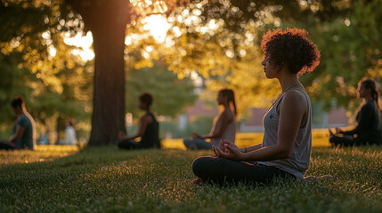 People meditating on the grass in an outdoor park.
Generative AI