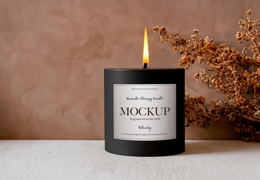 Aromatic Black Candle Mockup on Cozy Light an Dry Flowers Background with Generative AI