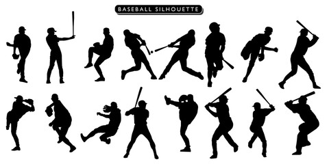 collection of Baseball man silhouettes in different posses clipart vector illustrator