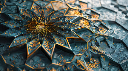 Abstract Islamic art with repetitive geometric shapes and intricate details