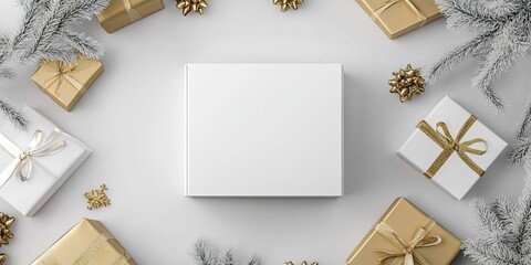 Festive Gift Box Mockup: A minimalist Christmas or holiday gift box mockup featuring a white box surrounded by wrapped presents, golden ornaments, and delicate fir branches on a white background. 
