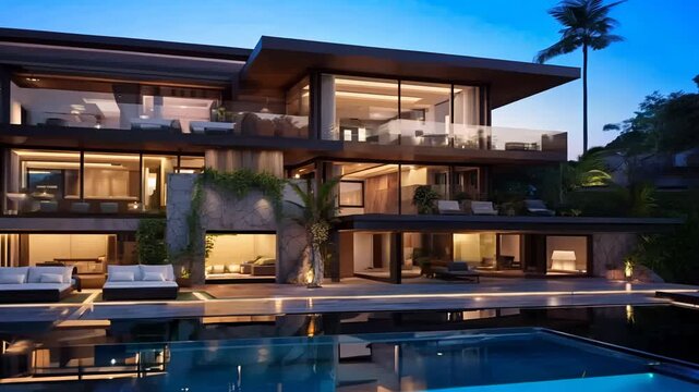 View of swimming pool in front of a modern luxury house. Villa, hotel resort	
