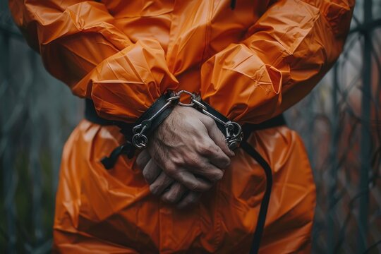 Close-up of the hands of a prisoner wearing an orange prison uniform and handcuffed behind his back.