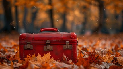 Red suitcase on the faling autumn leaves background