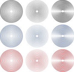 Concentric circle design elements. Abstract Geometric circular shapes background. Spiral Vector Illustration. Rotating radial and dotted lines collection. Design geometric.