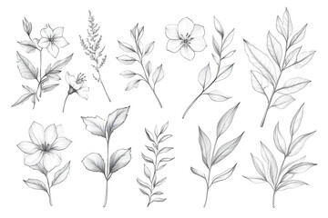 Detaillierte botanische Illustrationen von verschiedenen Blumen und Pflanzen