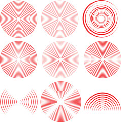 Concentric circle design elements. Abstract Geometric circular shapes background. Spiral Vector Illustration. Rotating radial and dotted lines collection. Design geometric.