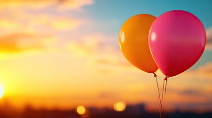 Fototapeta premium Colorful balloons against a vibrant sunset sky, symbolizing celebration, joy, and special moments in life.