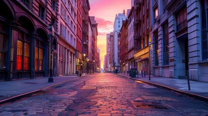 Fototapeta premium Cobblestone Street in a City at Sunrise