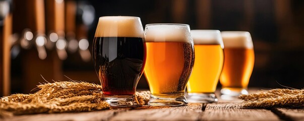 A collection of craft beer glasses showcasing various styles and colors with barley in the foreground, capturing the essence of brewing.