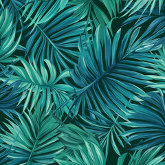 Fototapeta premium turquoise and green tropical leaves. Seamless graphic