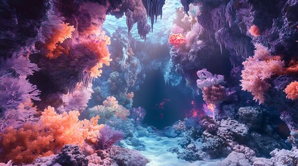 Obraz premium Tranquil Underwater Coral Cavern in Pastel Tones with Hyper-Realistic Details
