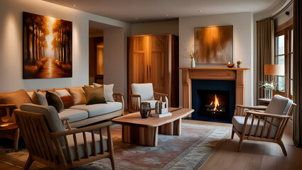 warm and inviting room with elegant natural wooden furniture