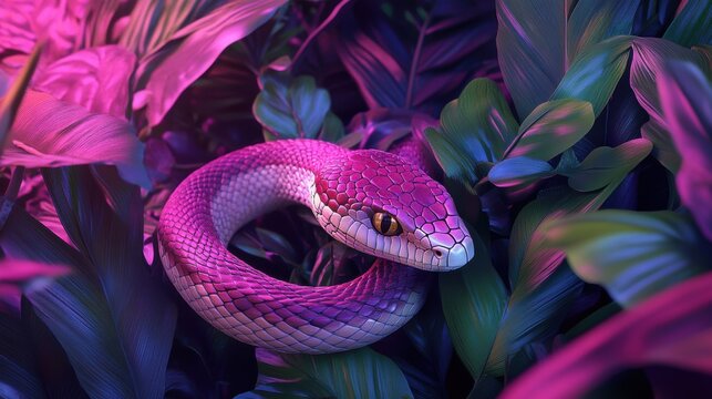 Purple snake coiled among tropical leaves with pink and purple lighting