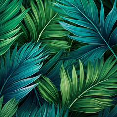 Fototapeta premium turquoise and green tropical leaves. Seamless graphic
