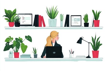Woman working on laptop in home office with plants and books