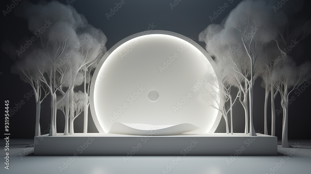 Poster Interior with circular architecture form in 3D style. Abstract room with arc element and trees.