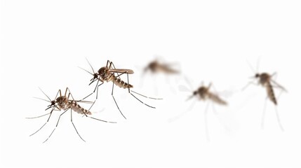 Multiple flying mosquitoes on white background.