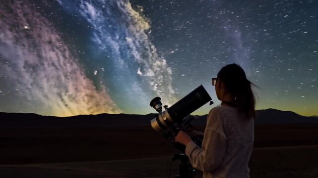 A person using a telescope to watch stars, and the sky.