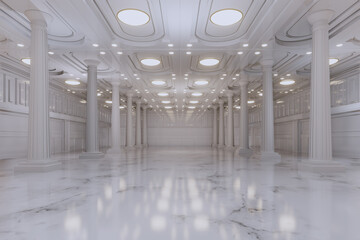 Empty convention hall center .The backdrop for exhibition stands,booth elements. Meeting room for the conference.Big Arena for entertainment,concert,event. ballroom.3d Background for online.3d render.