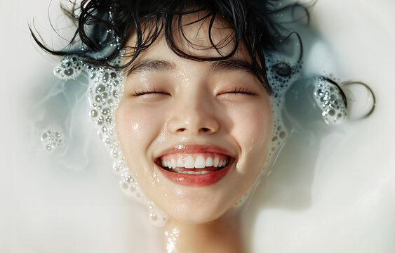 Happy Assian woman with closed eyes smiling while taking bath with milk. Luxury beauty concept