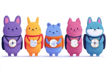 Naklejka premium Cute Cartoon Animals with Backpacks and Compasses Ready for Adventure