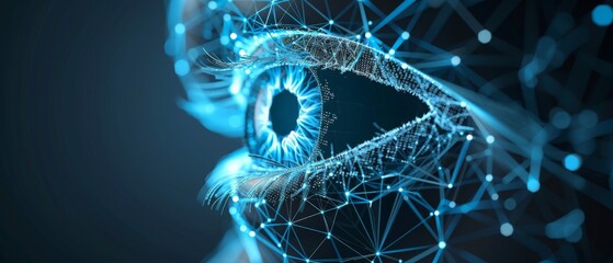 blue digital eye, concept of surveillance and vision technologies, face recognition and enhancing security. intelligent vision, support applications in security, healthcare.
