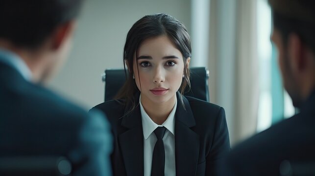 Young woman interviews for job with two HR managers.