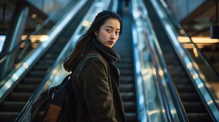 Obraz premium Young girl standing on an escalator