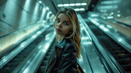 Young girl standing on an escalator