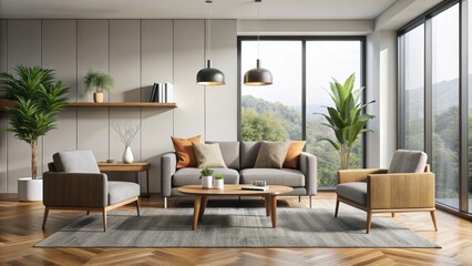 Fototapeta premium Modern living room with an armchair and coffee tables , interior, modern, living room, armchair, coffee tables, rendering