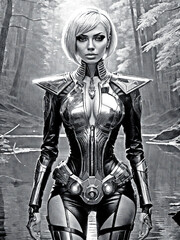 Obraz premium futuristic police woman in the forest, generative ai illustration, engraving technique