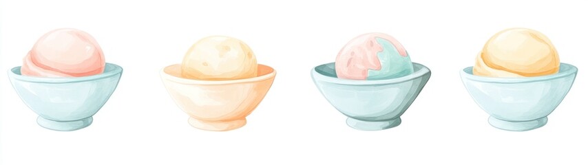 Watercolor Illustration of Four Ice Cream Scoops in Bowls