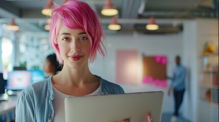 Portrait of creative specialist with pink hair working on app design.