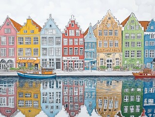 Illustration Willemstad Curaçao, colourful houses 